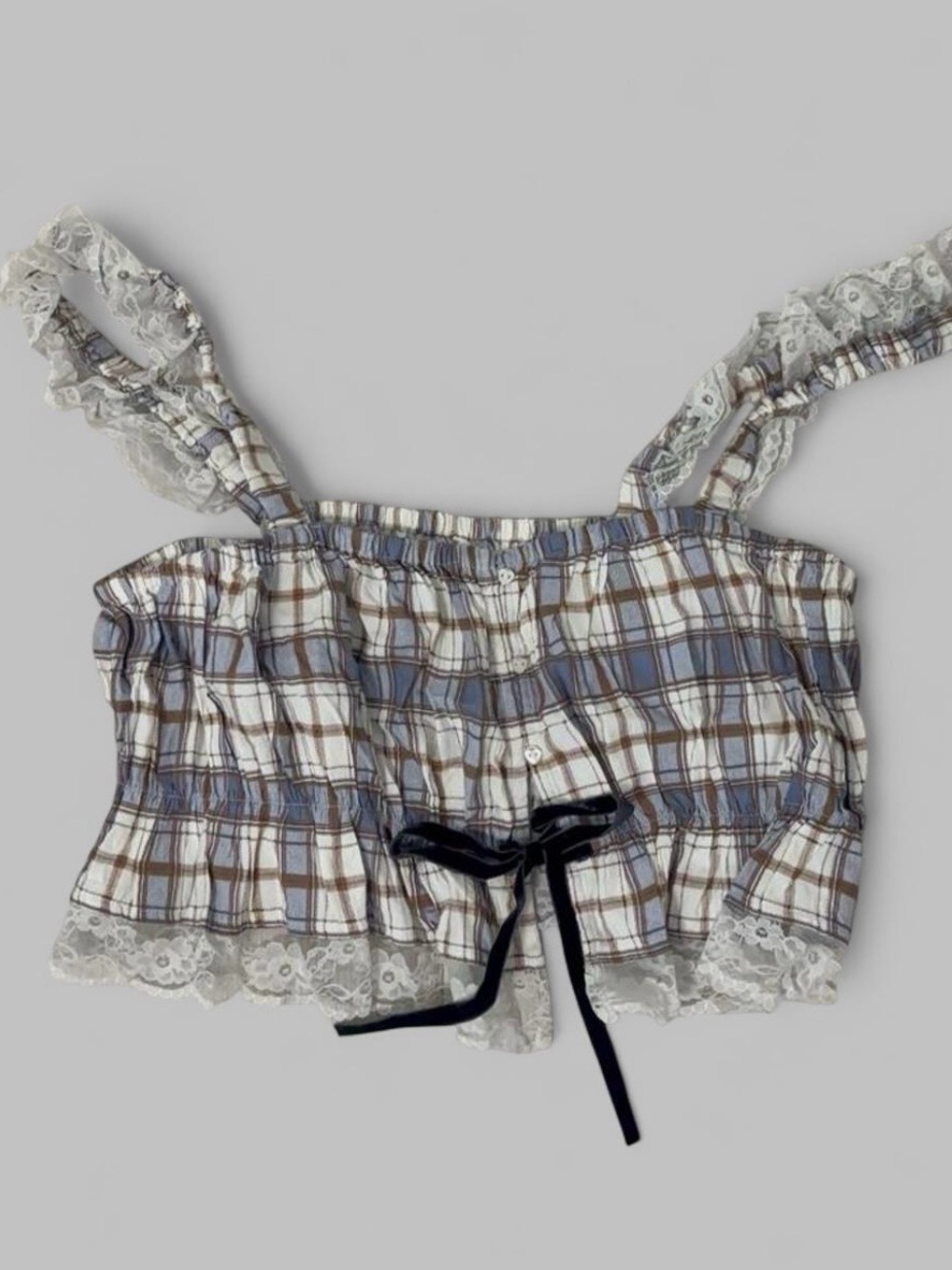 Plaid Lace-Trim Cropped Tank Top - Blue & Brown